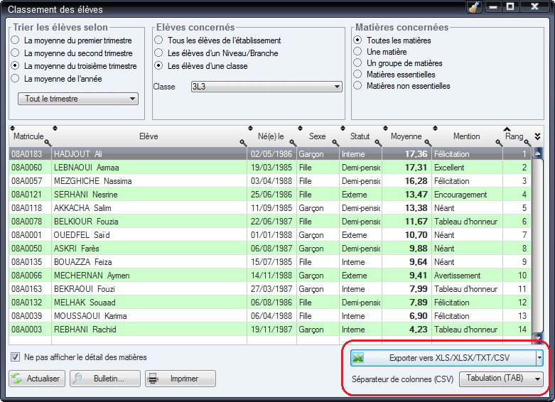 Export des notes des &eacute;l&egrave;ves au formats XLS, XLSX, TXT et CSV