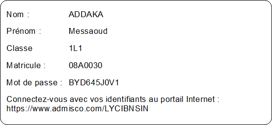 Etat (mot de passe d'un &eacute;l&egrave;ve)