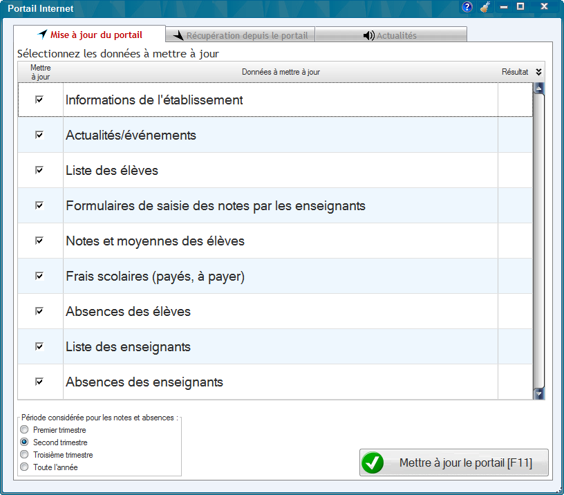 Fen&ecirc;tre de mise &agrave; jour du portail Internet AdmiSco