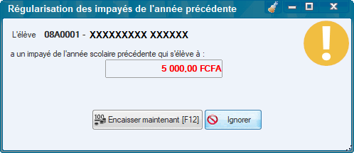 R&eacute;gularisation des impay&eacute;s de l'ann&eacute;e scolaire pr&eacute;c&eacute;dente