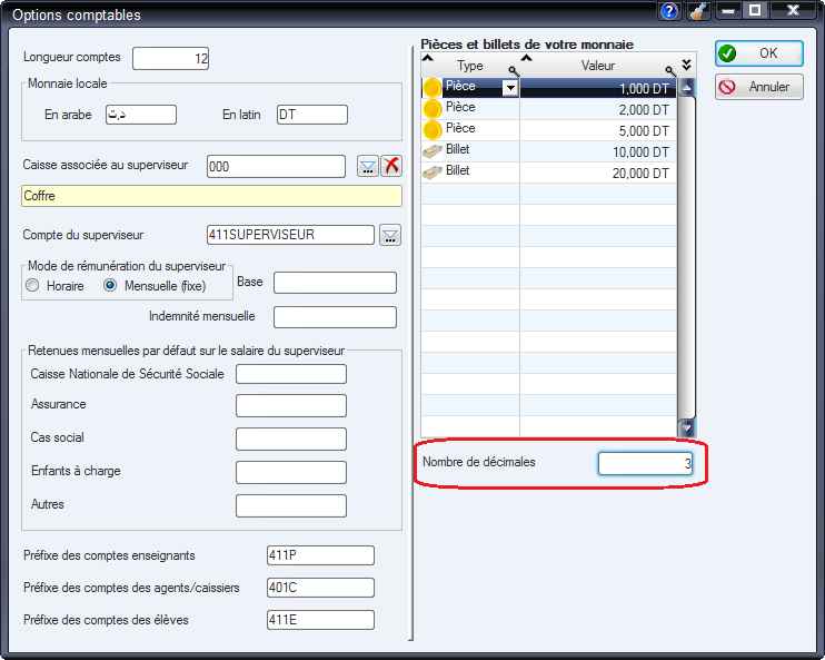 Options comptables - nombres de d&eacute;cimales